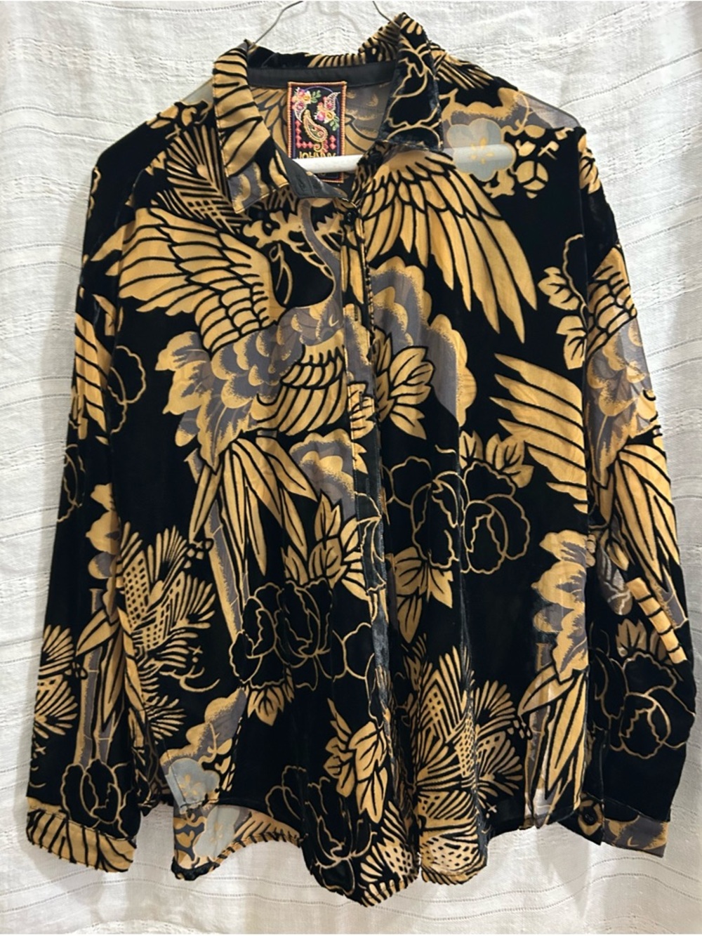 Johnny Was Black and Gold Velvet Paisley Embroidered Label Shirt